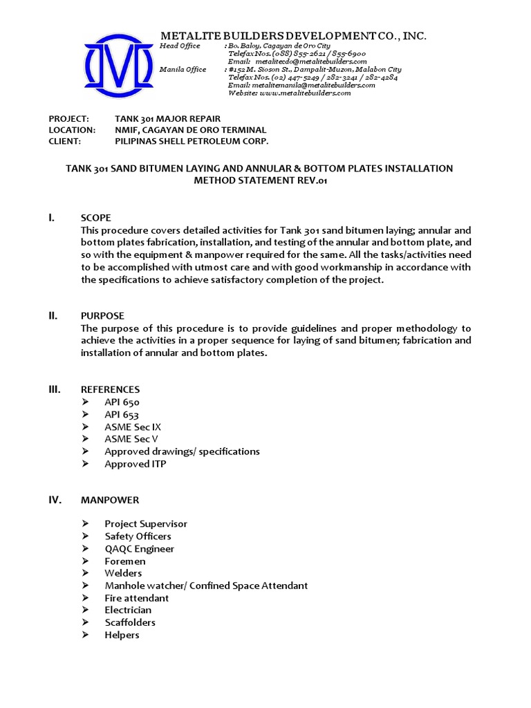 Sand Bitumen Laying Method for Tank 301 | PDF | Welding | Construction