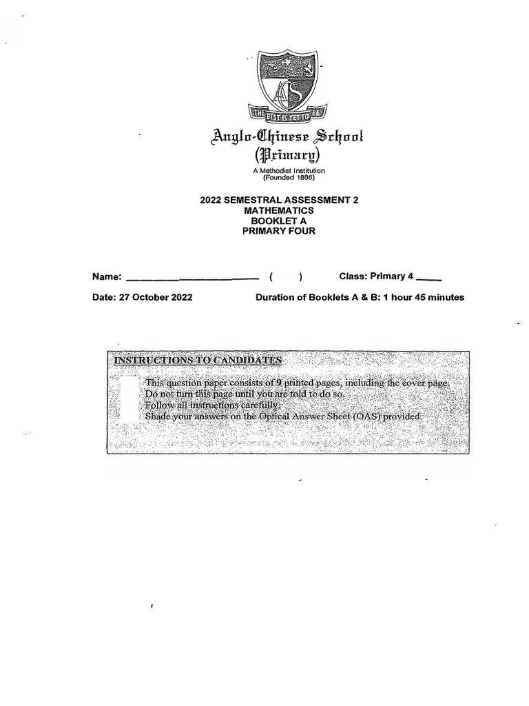P4 Maths SA2 2022 ACSP Exam Papers | PDF