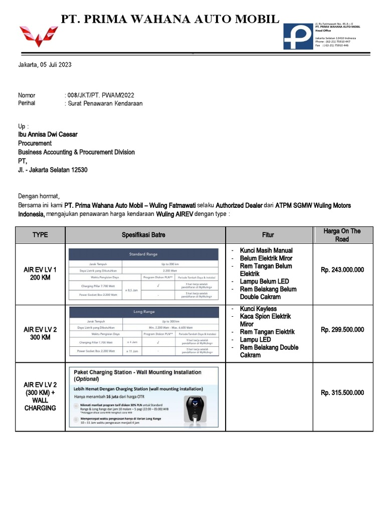 Surat Penawaran Kendaraan Wuling | PDF