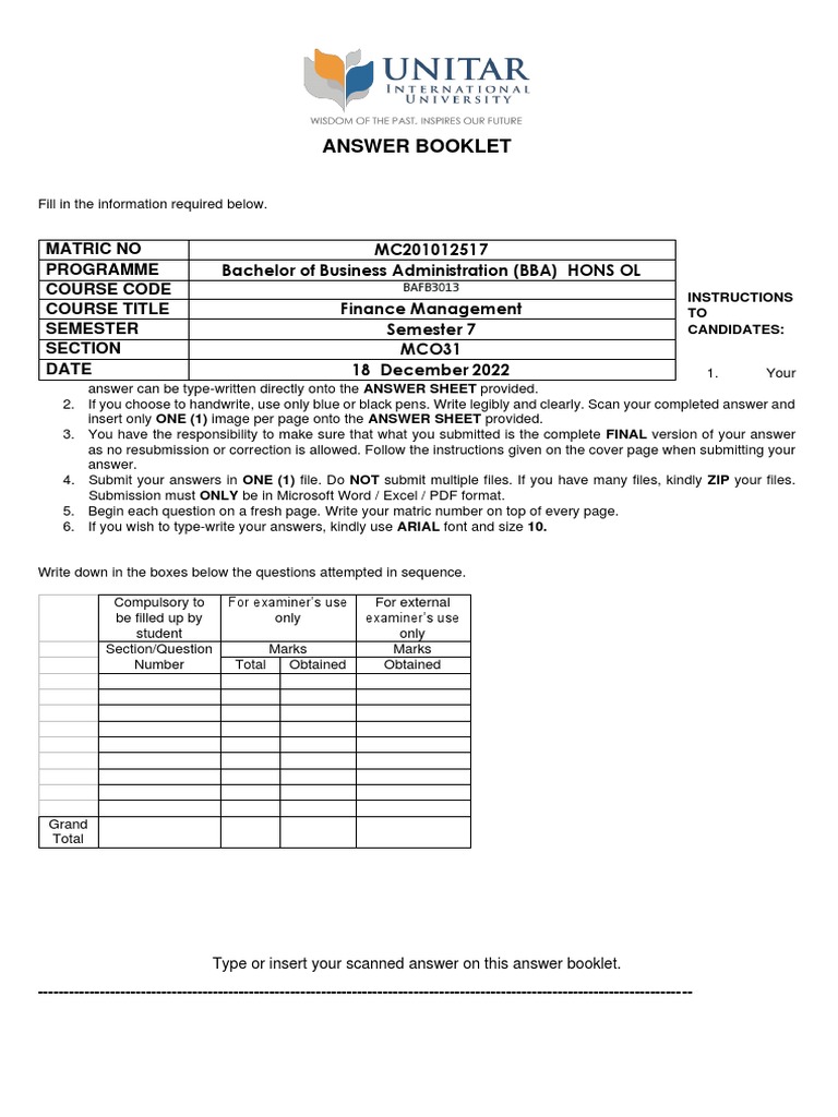 Answer Booklet for Finance Management Exam | PDF | Dividend | Financial ...