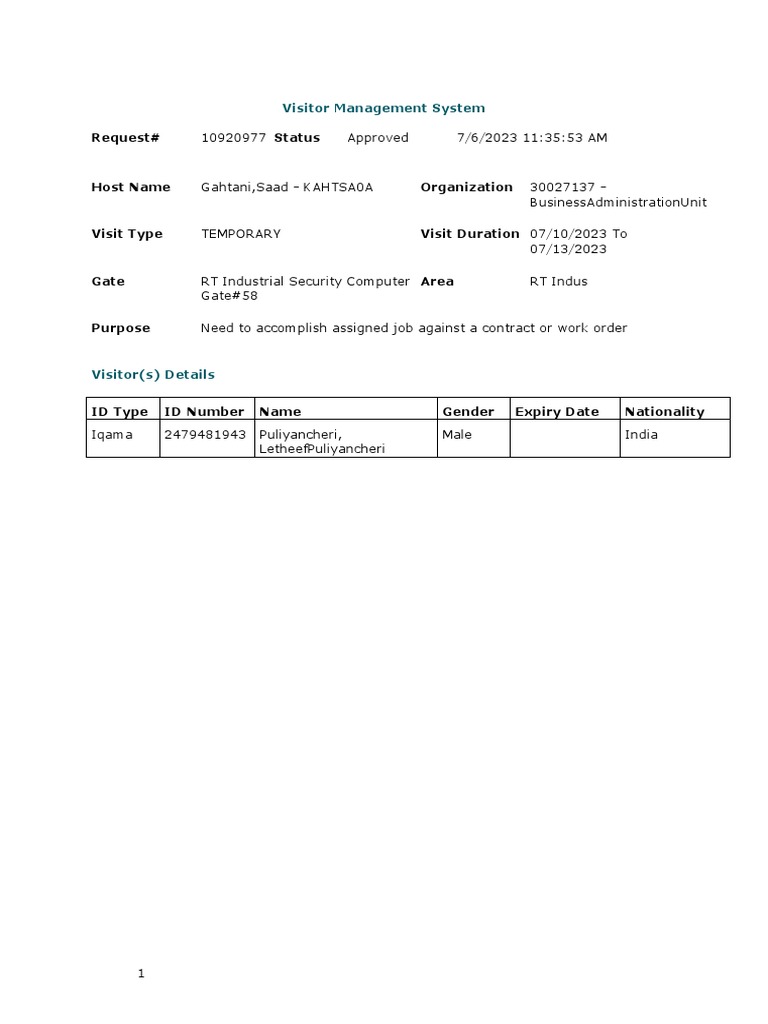 Request Visitor Management System PDF