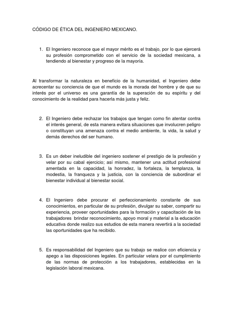 CÓDIGO DE ÉTICA DEL INGENIERO MEXICANO Ingeniero civil Ingeniería