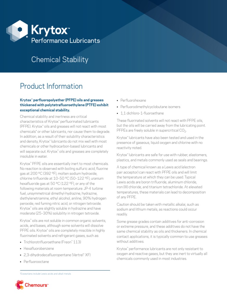 Krytox Chemical Stability | PDF | Chlorine | Nitrogen