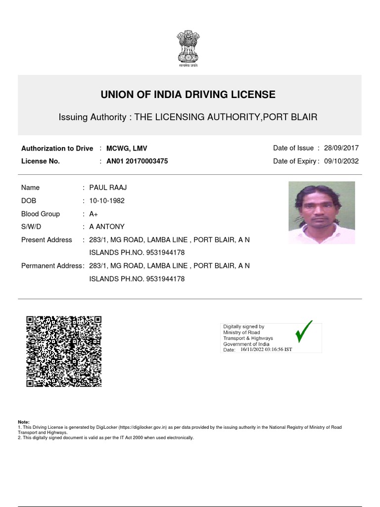 Union of India Driving License Details | PDF