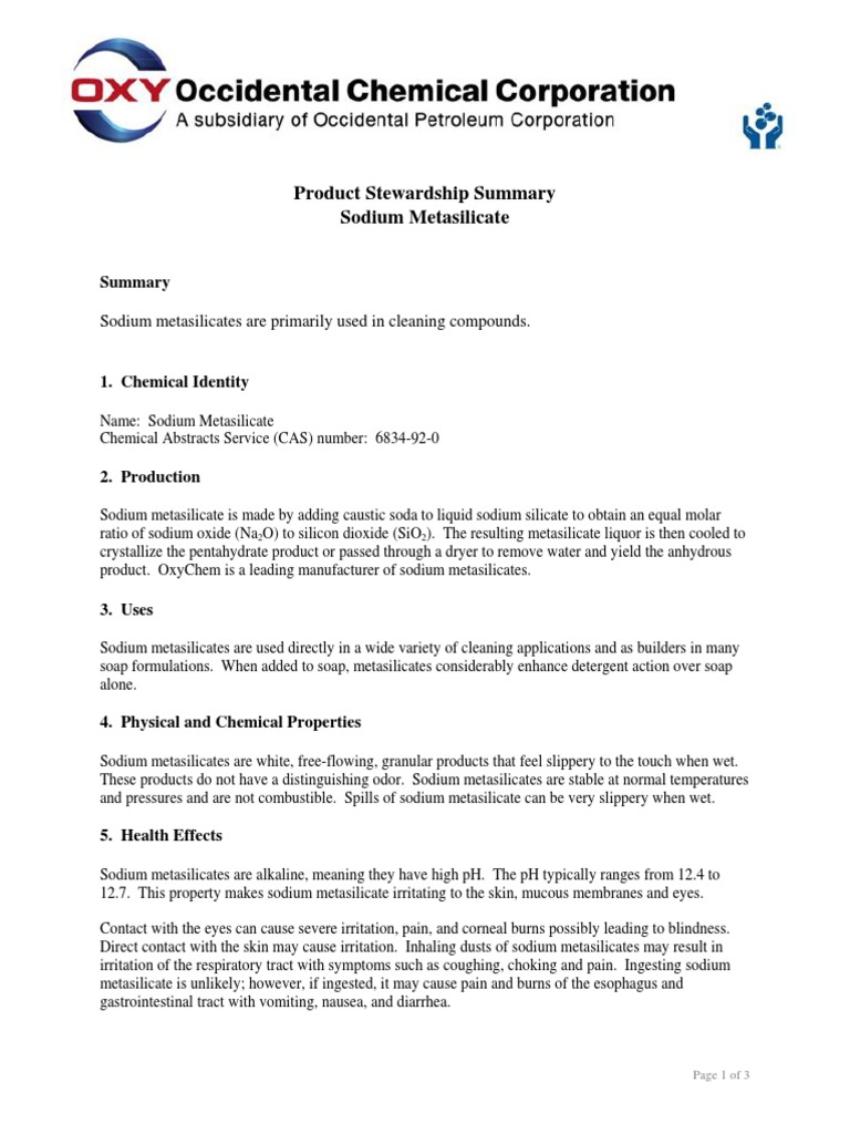 Sodium Metasilicate PDF Toxicity Sodium Hydroxide