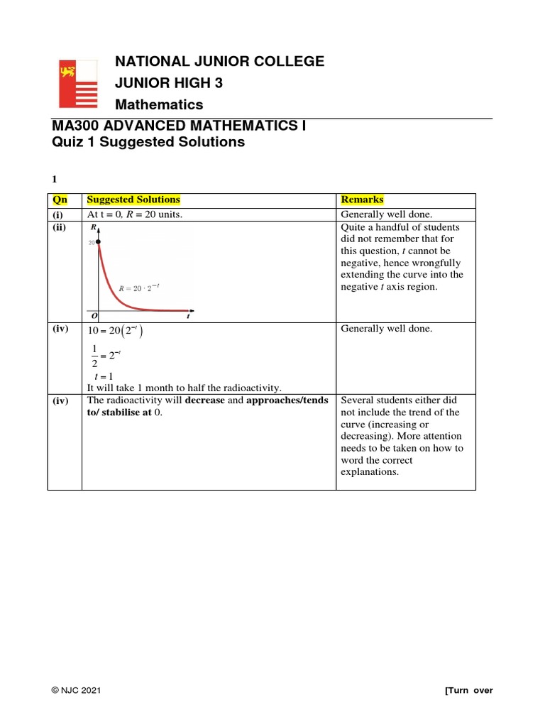 2021 MA300 Quiz 1 Suggested Solutions PDF Quadratic Equation Standard Deviation