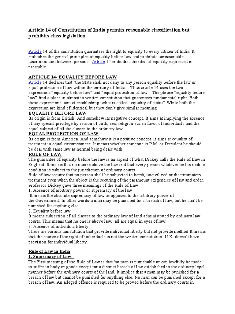 Article 14: Class Legislation vs. Classification | PDF | Rule Of Law ...