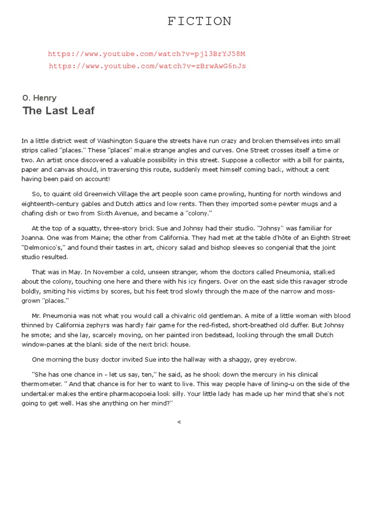 The Last Leaf by O. Henry Summary | PDF | Mystery, Thriller & Crime Fiction