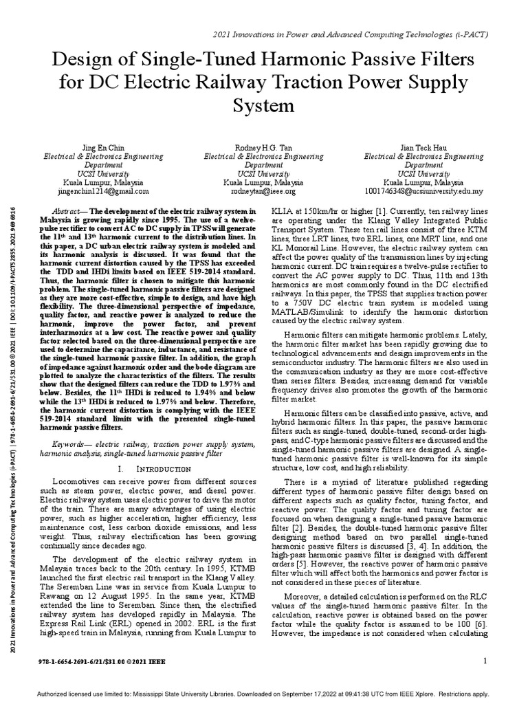Design of Single-Tuned Harmonic Passive Filters For DC Electric Railway ...