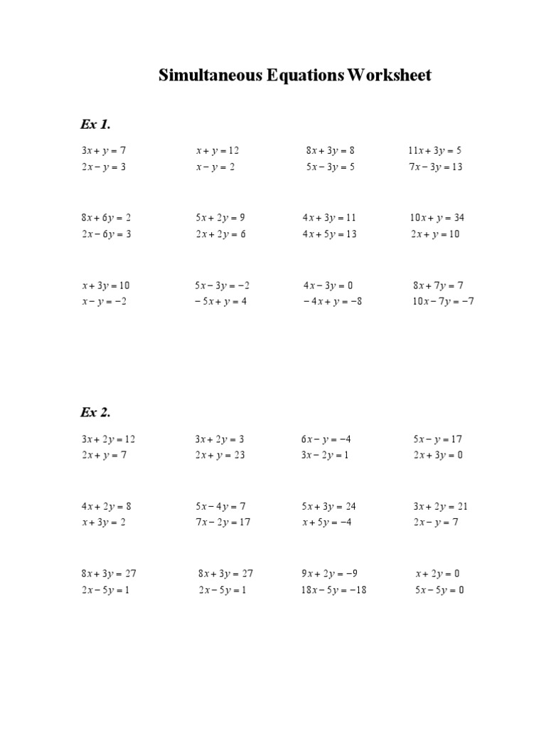 Simultaneous Equations Worksheet