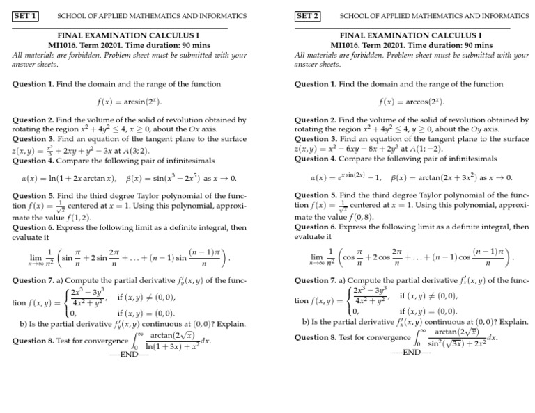 MI1016 Calculus I Final Exam Set 1 & 2 | PDF | Polynomial ...
