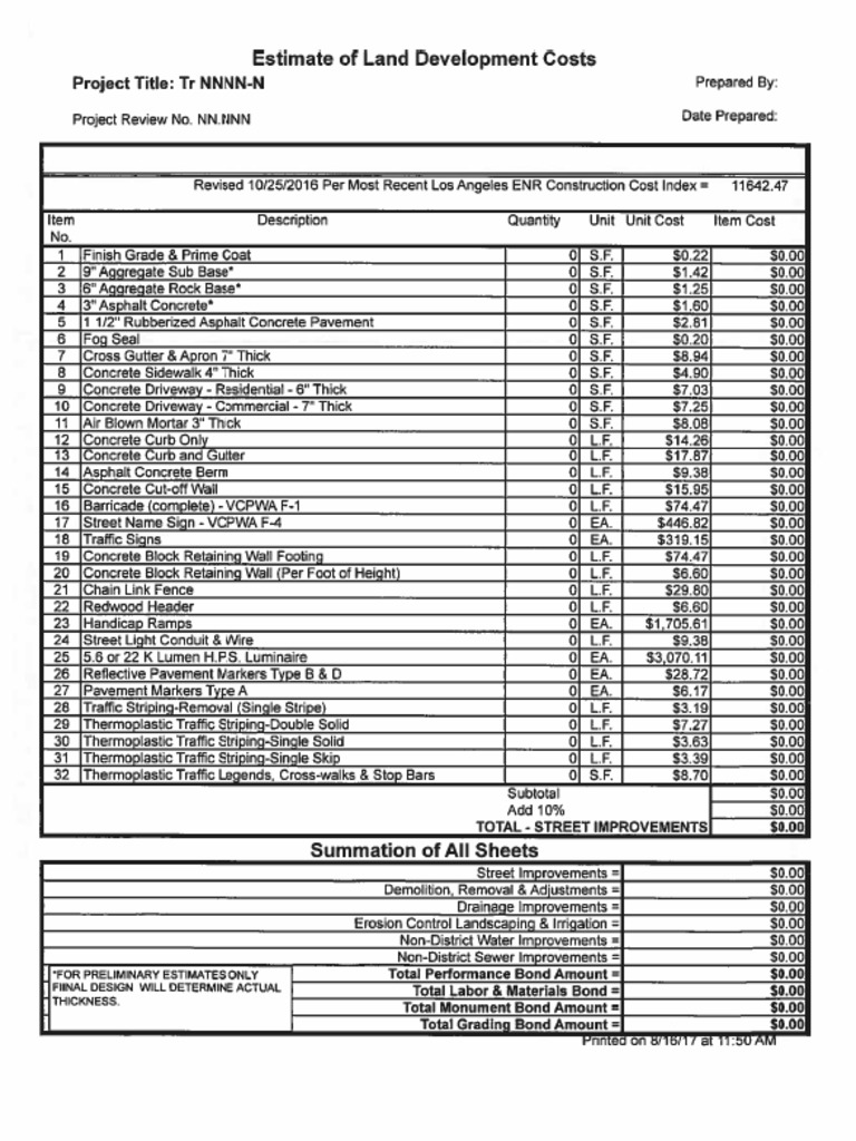 Grading Estimate of Land Development Costs PDF