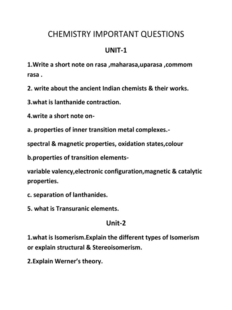Chemistry Important Questions PDF