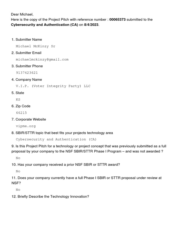 NSF SBIR Project Pitch: Palm Vein Tech | PDF | Biometrics | Voting