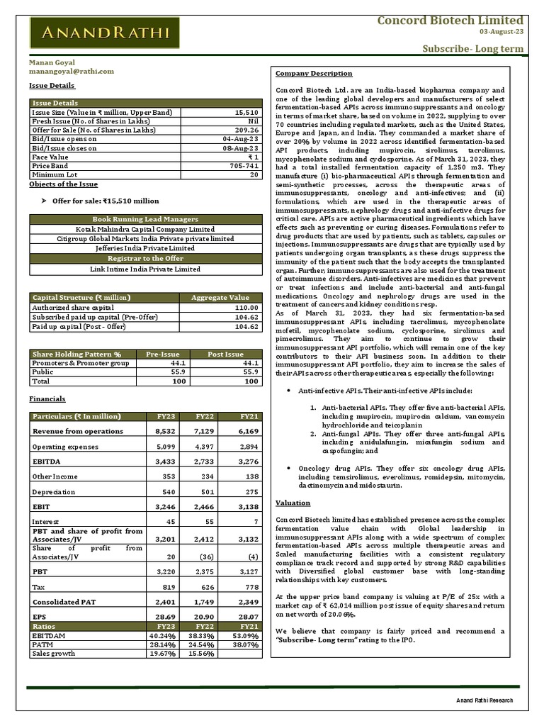 Concord Biotech IPO Analysis Report | PDF | Food And Drug ...