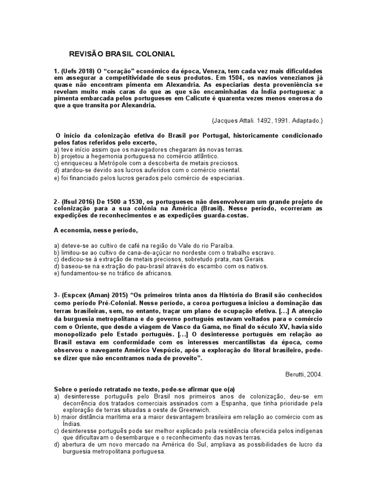 Questões Brasil Colônia | PDF | Brasil | Portugal