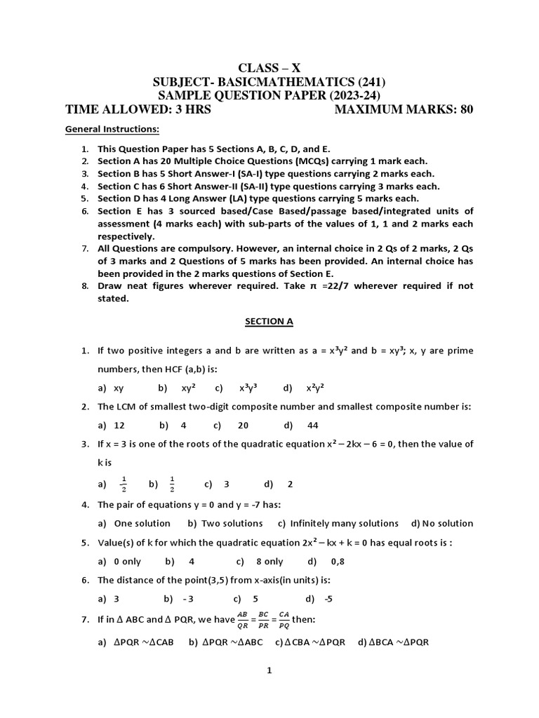 Class 10 Basic Maths Sample Paper 2023-24 | PDF | Circle | Area