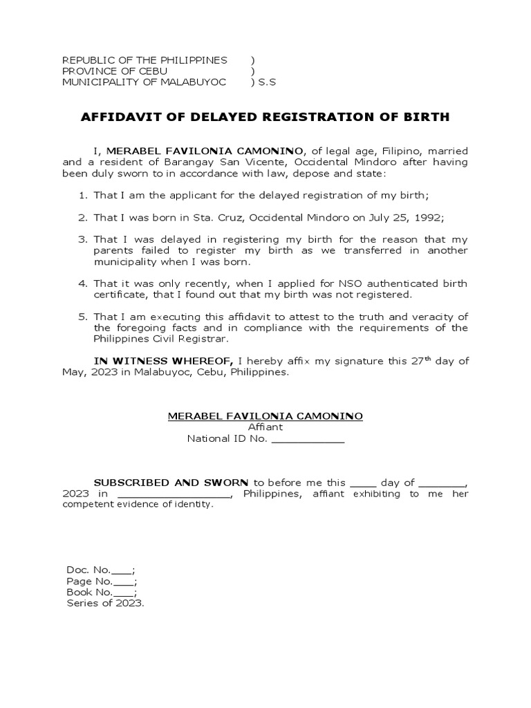 Affidavit of Delayed Registration of Birth PDF