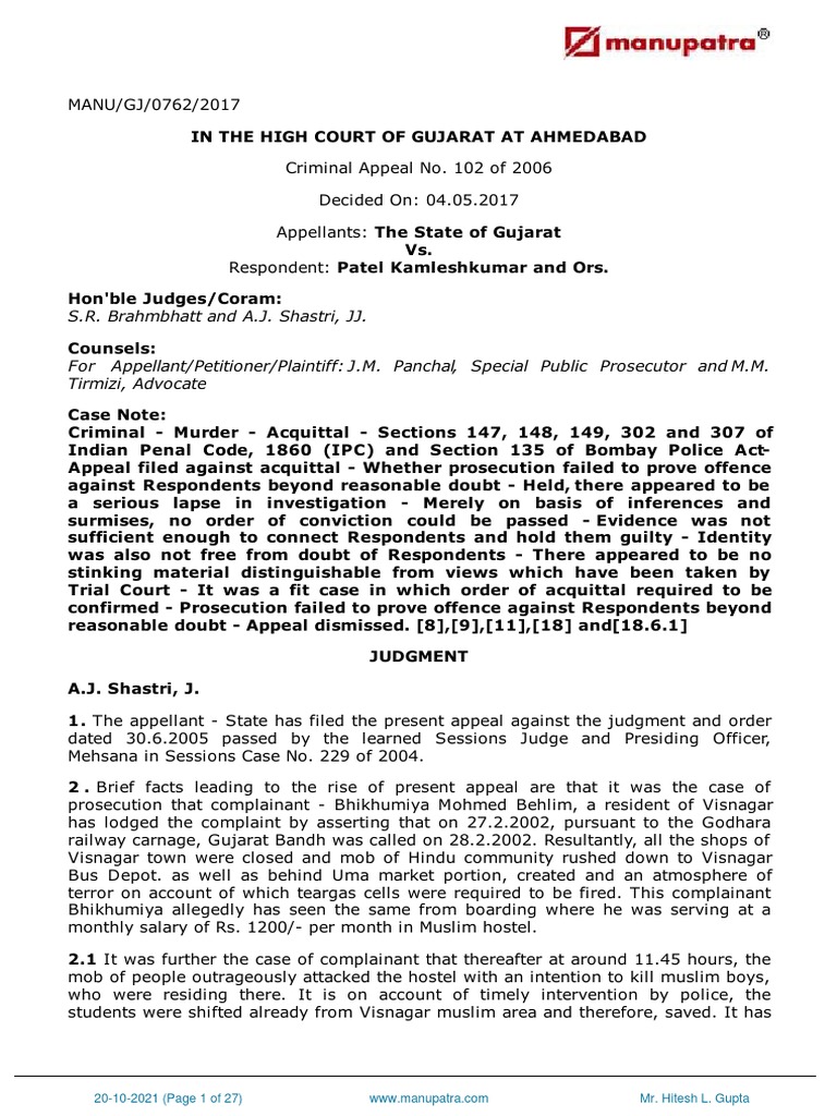 Gujarat High Court Murder Acquittal Appeal | PDF | Prosecutor ...