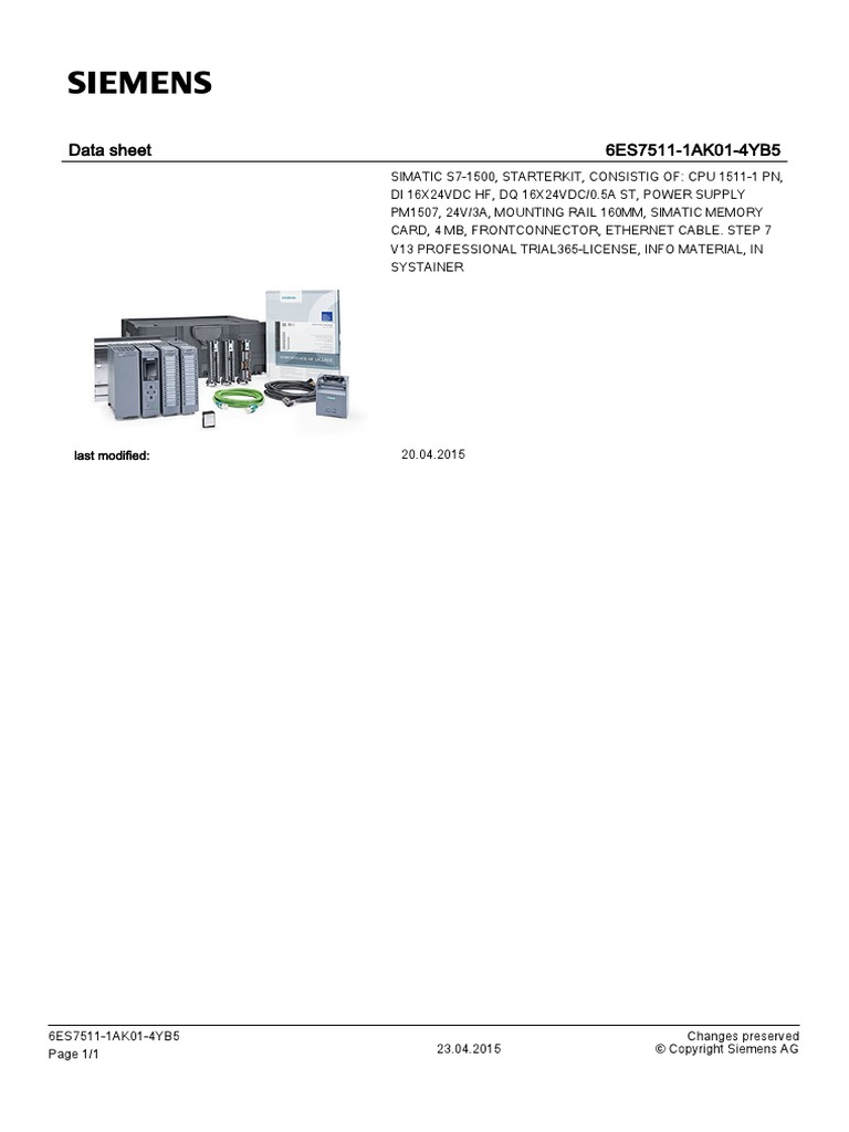 Siemens S7-1500 PLC CPU Starter Kit - 16 Inputs, 16 Outputs, Digital | PDF