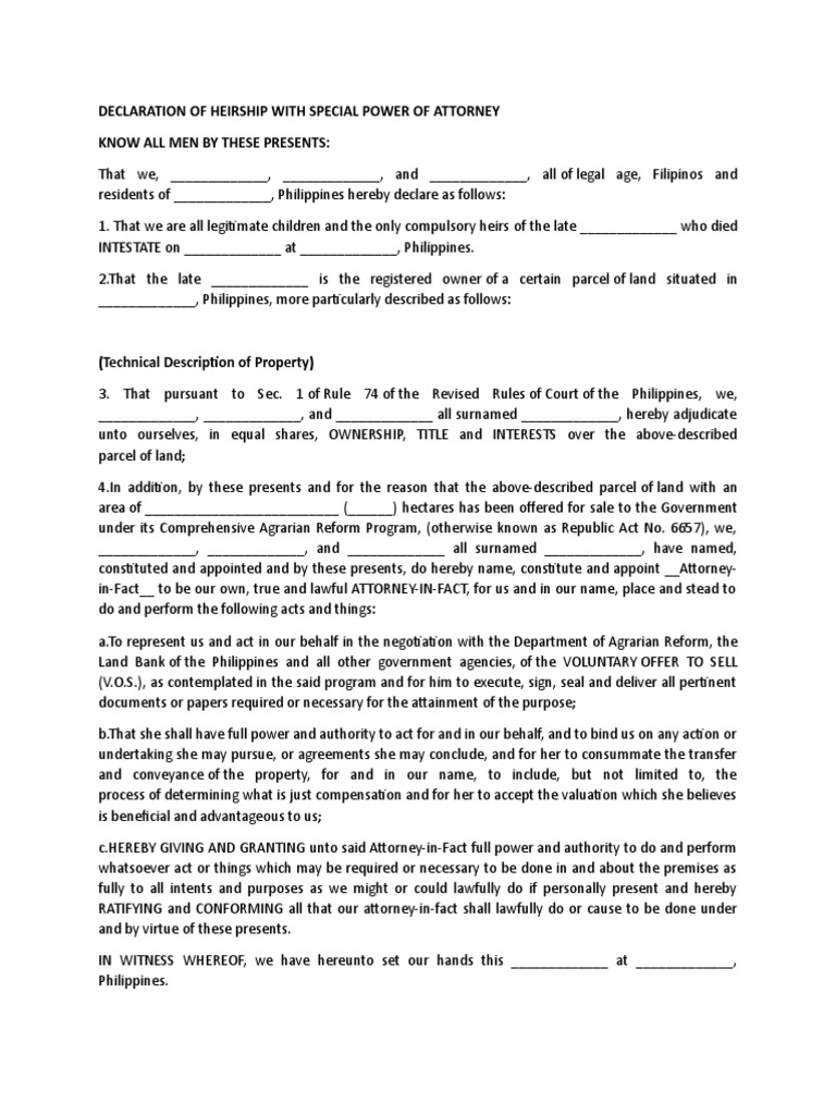 Heirship declaration pdf power of attorney intestacy