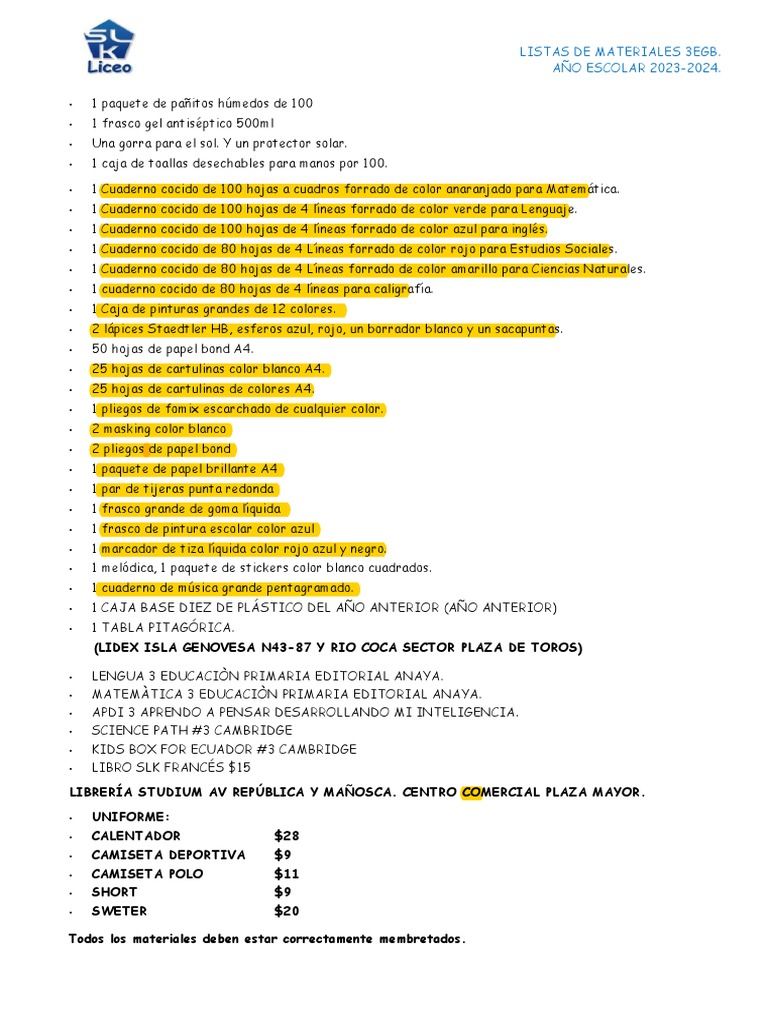 Lista de Materiales 3er Grado 2023-2024 | PDF | Arte