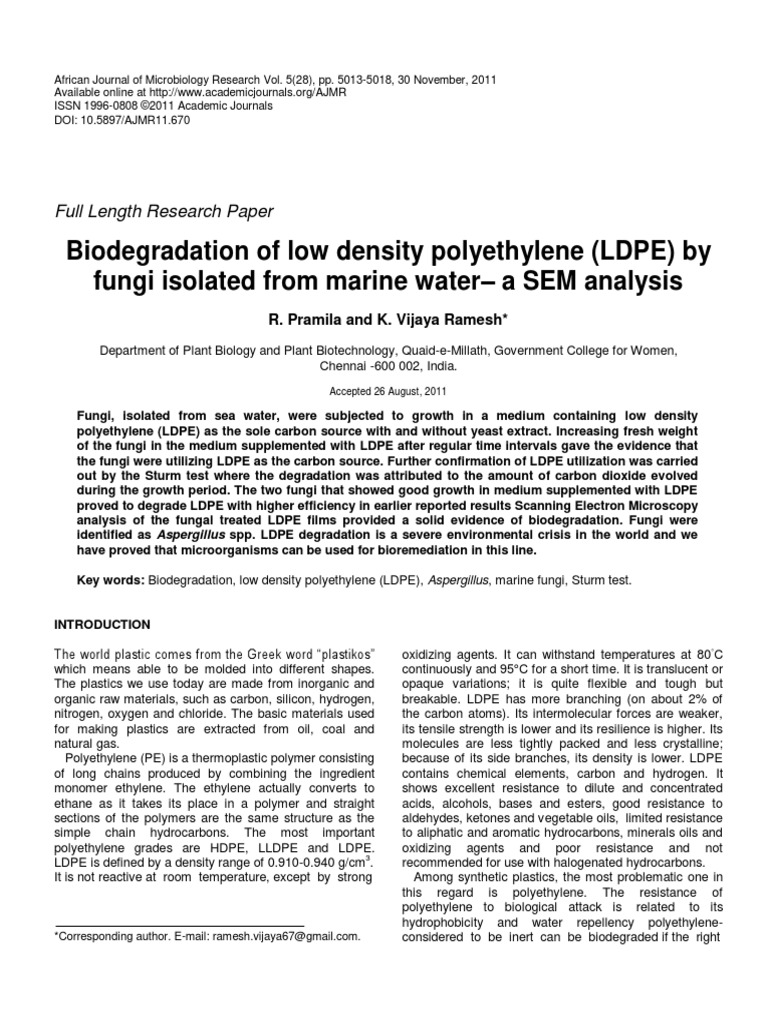 Biodegradation of Low Density Polyethyle PDF Polyethylene