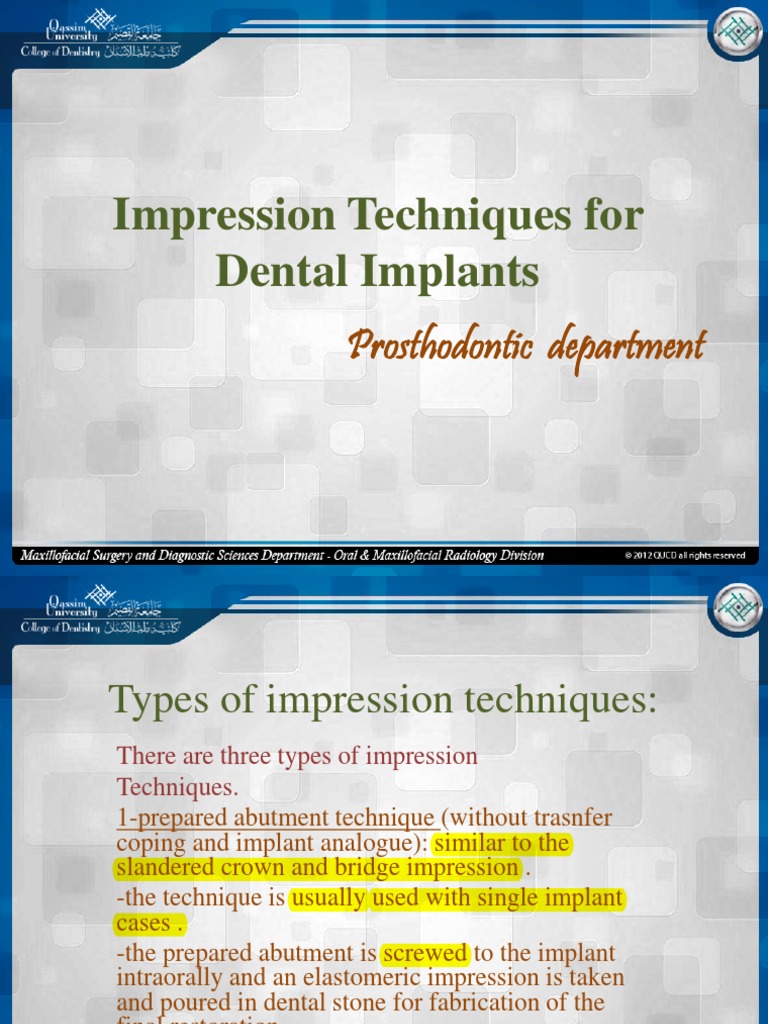 Impression Techniques For Dental Implant PDF Dental Implant