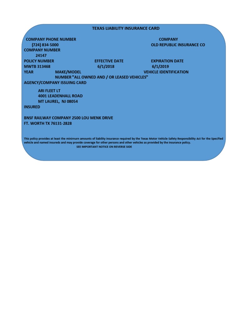 Texas Liability Insurance Card Template PDF
