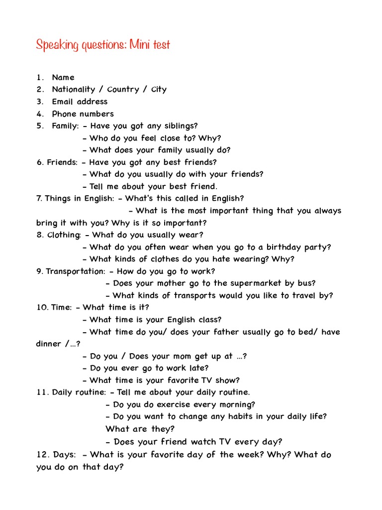 Daily Life Speaking Questions Test | PDF | Wellness