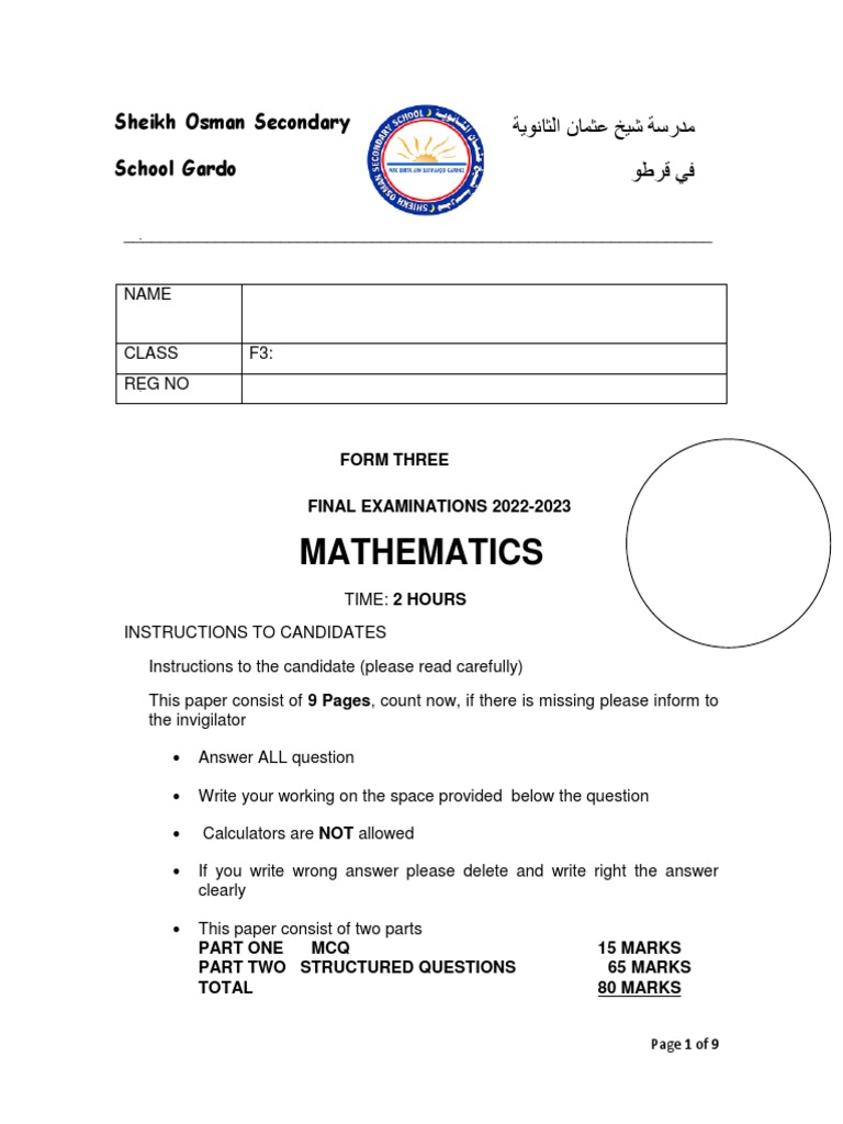 Form 3 Math Final | PDF