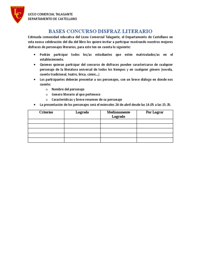 Bases Concurso Disfraz Literario Pdf