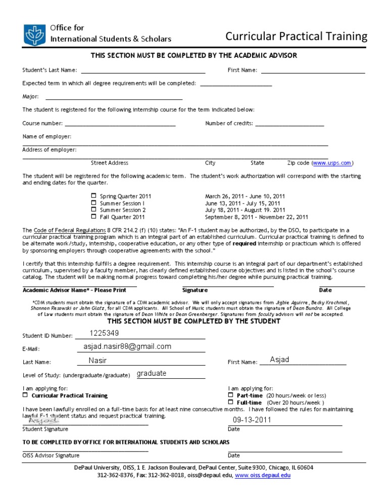Curricular Practical Training Form | PDF | Internship | Job Hunting
