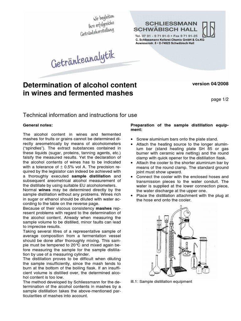 Determination of Alcohol Content in Wines and Fermented Mashes PDF Distillation Ethanol