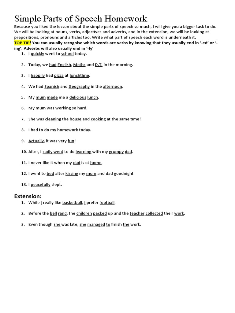 parts of speech homework pdf