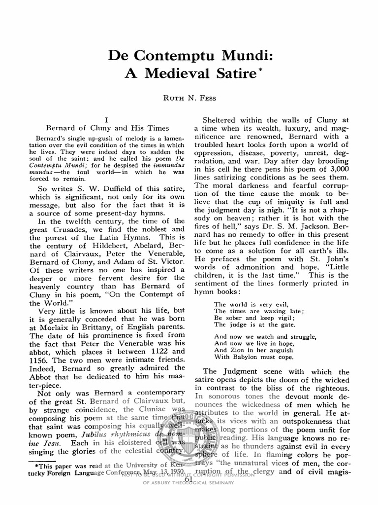 De Contemptu Mundi A Medieval Satire PDF Hymns