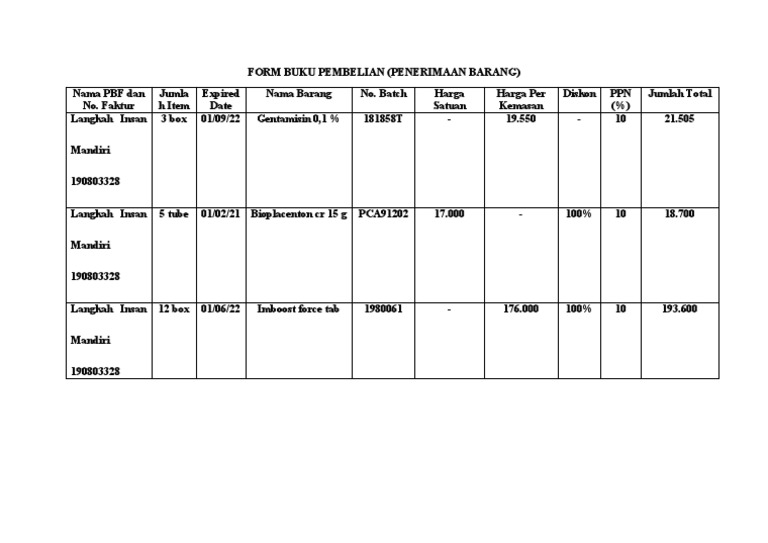 Form Buku Pembelian (Penerimaan Barang) | PDF