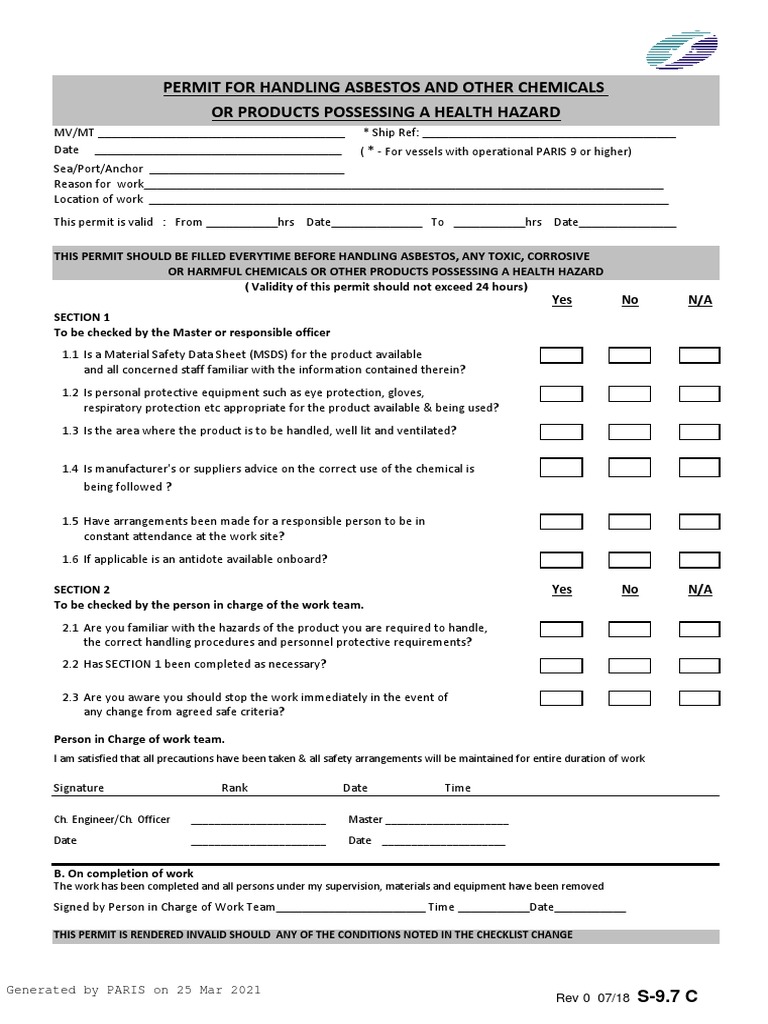 S 9.7C - Permit For Handling Asbestos and Checmicals | PDF | Asbestos ...