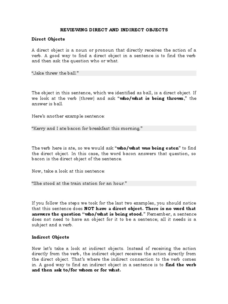REVIEWING DIRECT AND INDIRECT OBJECTS | PDF