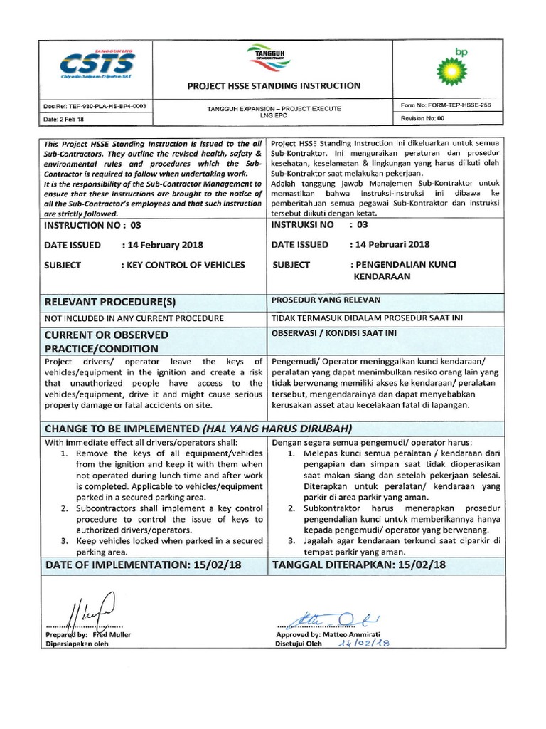 Instruction No 3 - Key Control of Vehicles | PDF