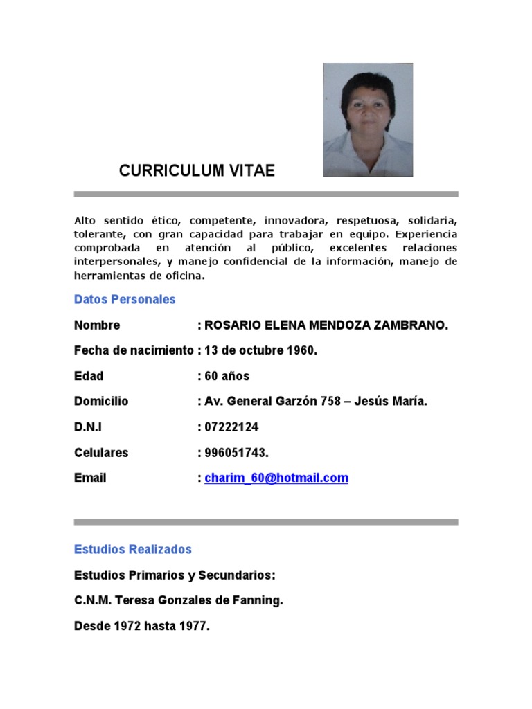 Currículum Vitae de Rosario Mendoza | PDF | Crecimiento personal y ...