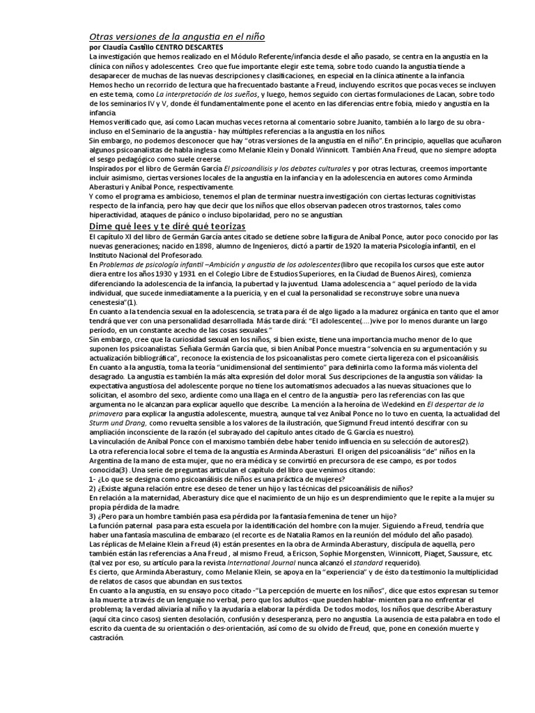 Otras Versiones de La Angustia en El Niño PDF Psicoanálisis