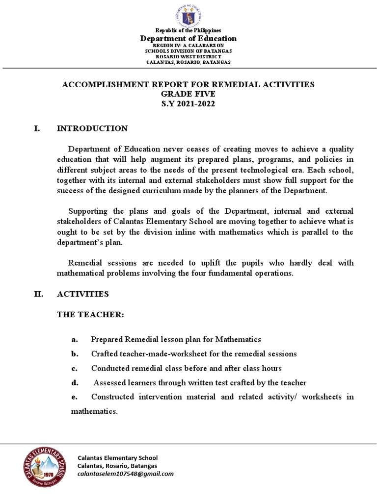 Accomplishment report for remedial activities pdf