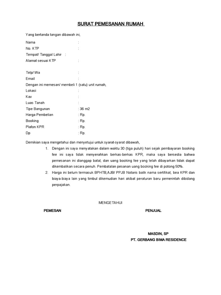 Surat Pemesanan Rumah dan Syarat KPR | PDF