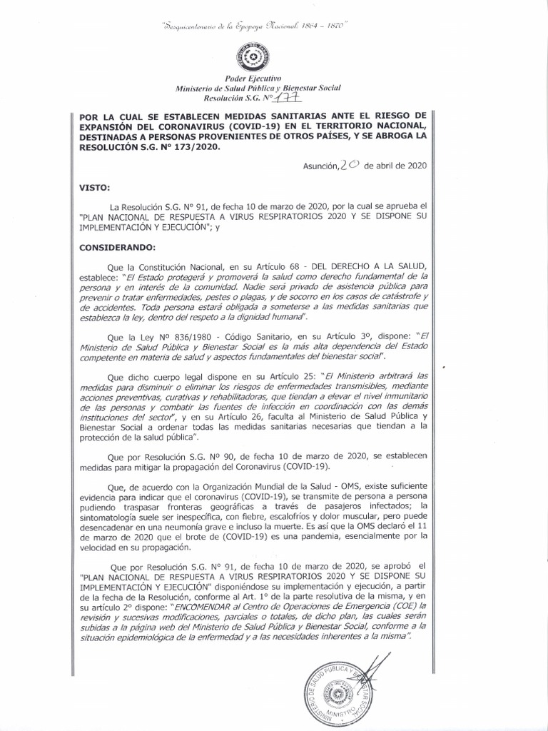 Resolución 177 Que Abroga La Res. 173 y Establece Medidas Sanitarias