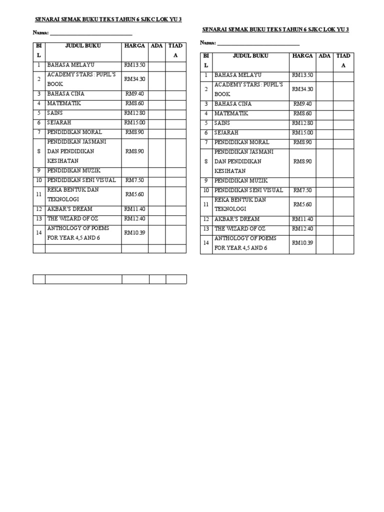 Senarai Semak Buku Teks Tahun 6 SJKC Lok Yu 3 | PDF