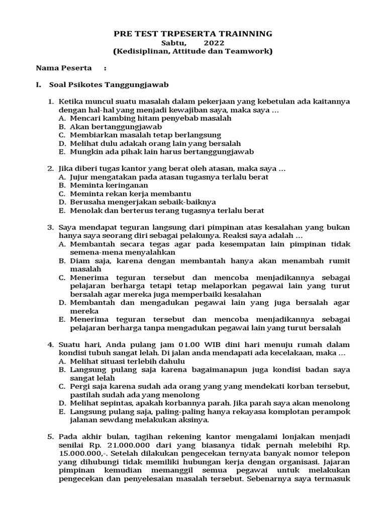 Pre-Test Psikotes Training Kedisiplinan | PDF | Karier & Perkembangan ...