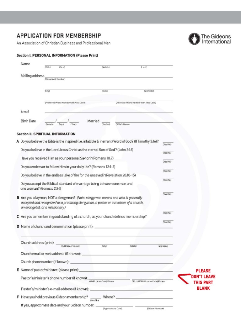 The Gideons International New Membership Application Form PDF