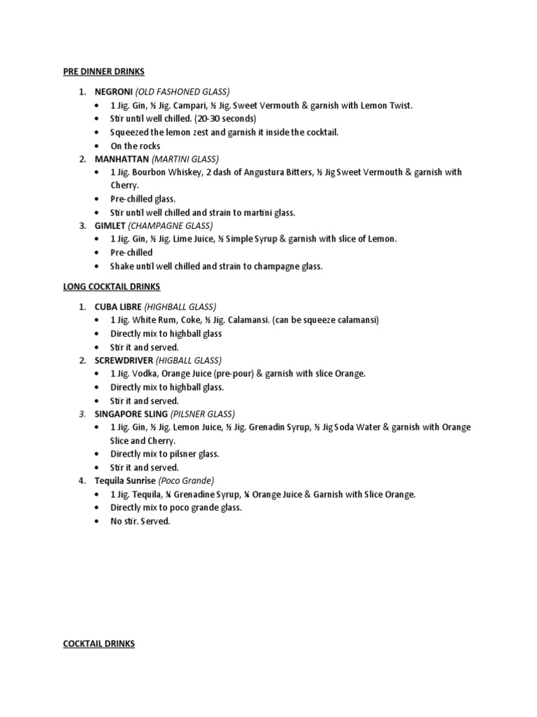 Pre Dinner Drinks PDF Martini (Cocktail) Cocktails