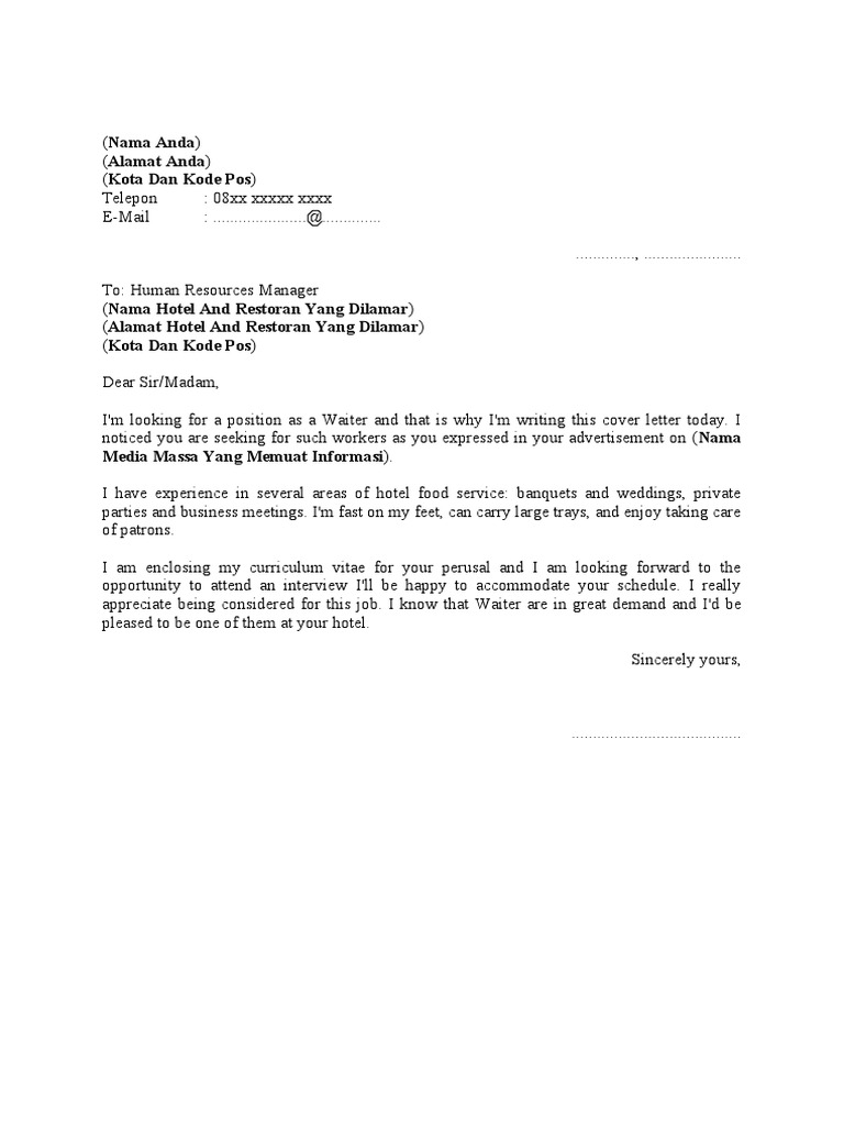 Surat Lamaran Kerja Sebagai Waiter B. Inggris | PDF